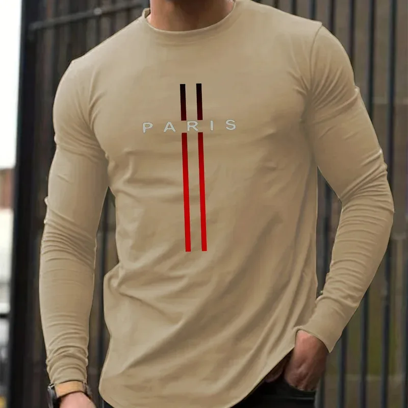 تي شيرت رجالي للربيع والخريف 100% قطن فضفاض ومريح كاجوال بنمط باريس مطبوع برقبة دائرية وأكمام طويلة