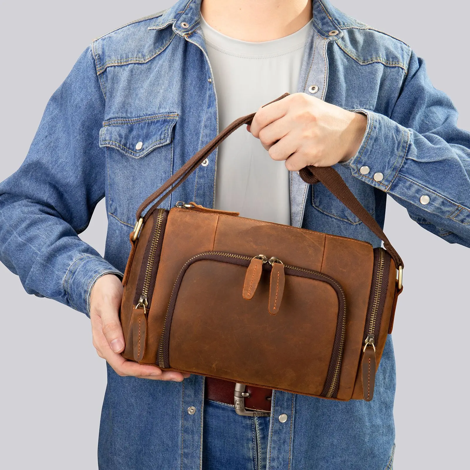 

Retro Mad Leather Men's Crossbody Bag Personality round Tube Single Shoulder Bag Top Layer Cowhide Casual Messenger Bag...