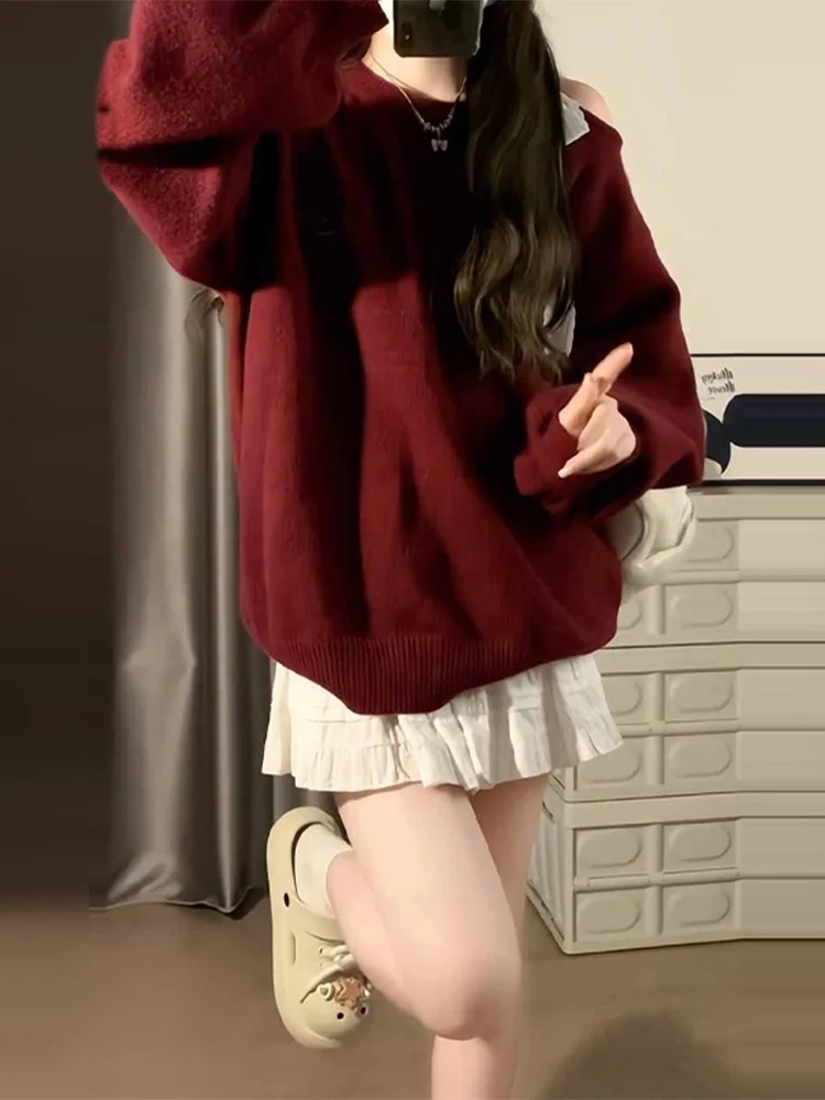 Czerwony sweter z dzianiny i spódnica, damski zimowy komplet dwuczęściowy, koreański styl, regularny krój, okrągły dekolt, odzież zimowa.