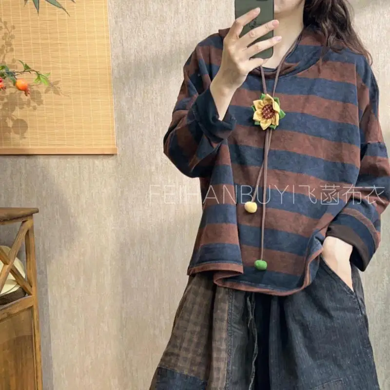 

Весенне-осенняя женская свободная футболка с капюшоном и длинным рукавом в стиле искусства, универсальная повседневная хлопковая полосатая свободная футболка Femme Tops F31
