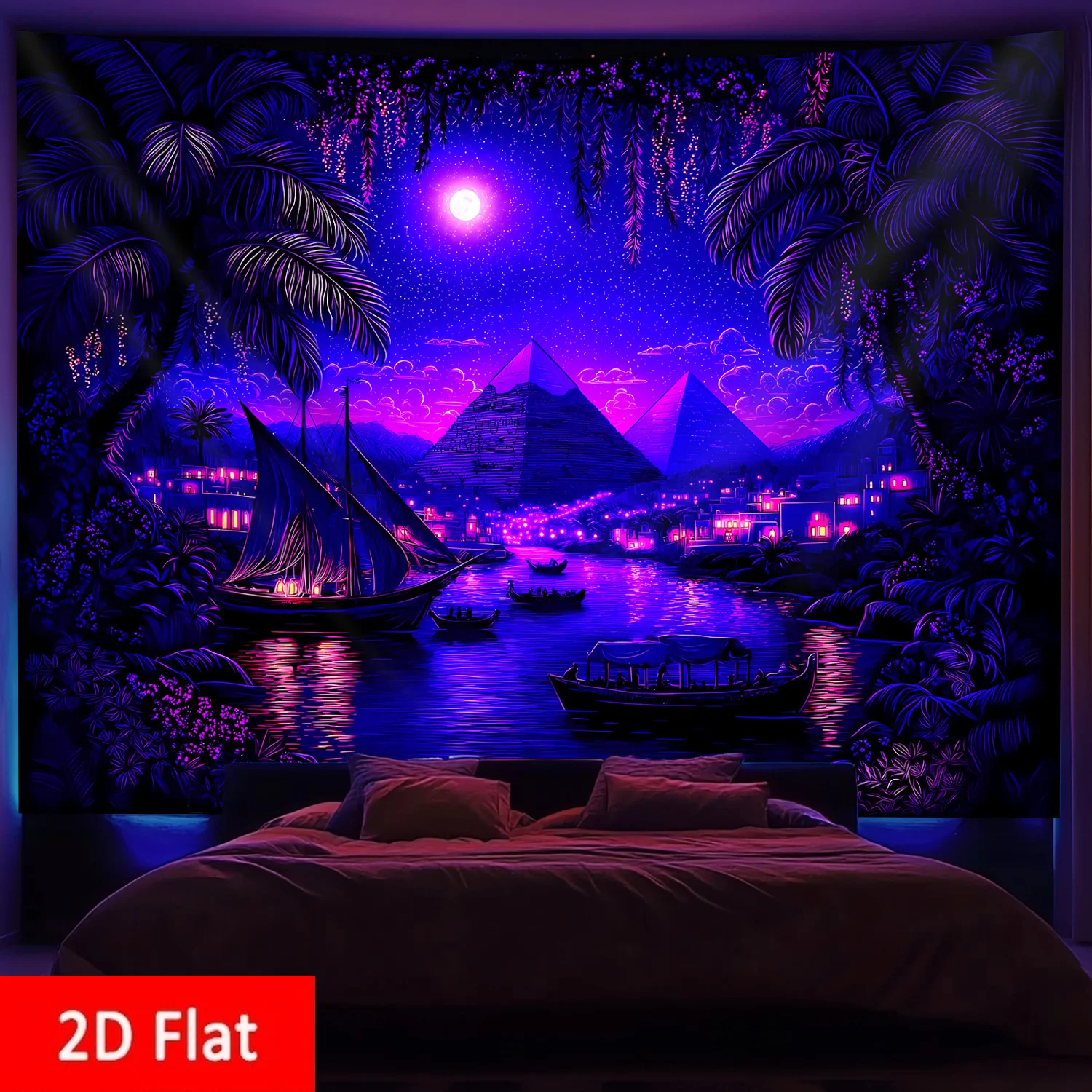 2D Flat, 1pc Large Light Beige Tapestry - Egyptian Pyramids & Nile River Night Scene with  Giza Pyramids, Sphinx