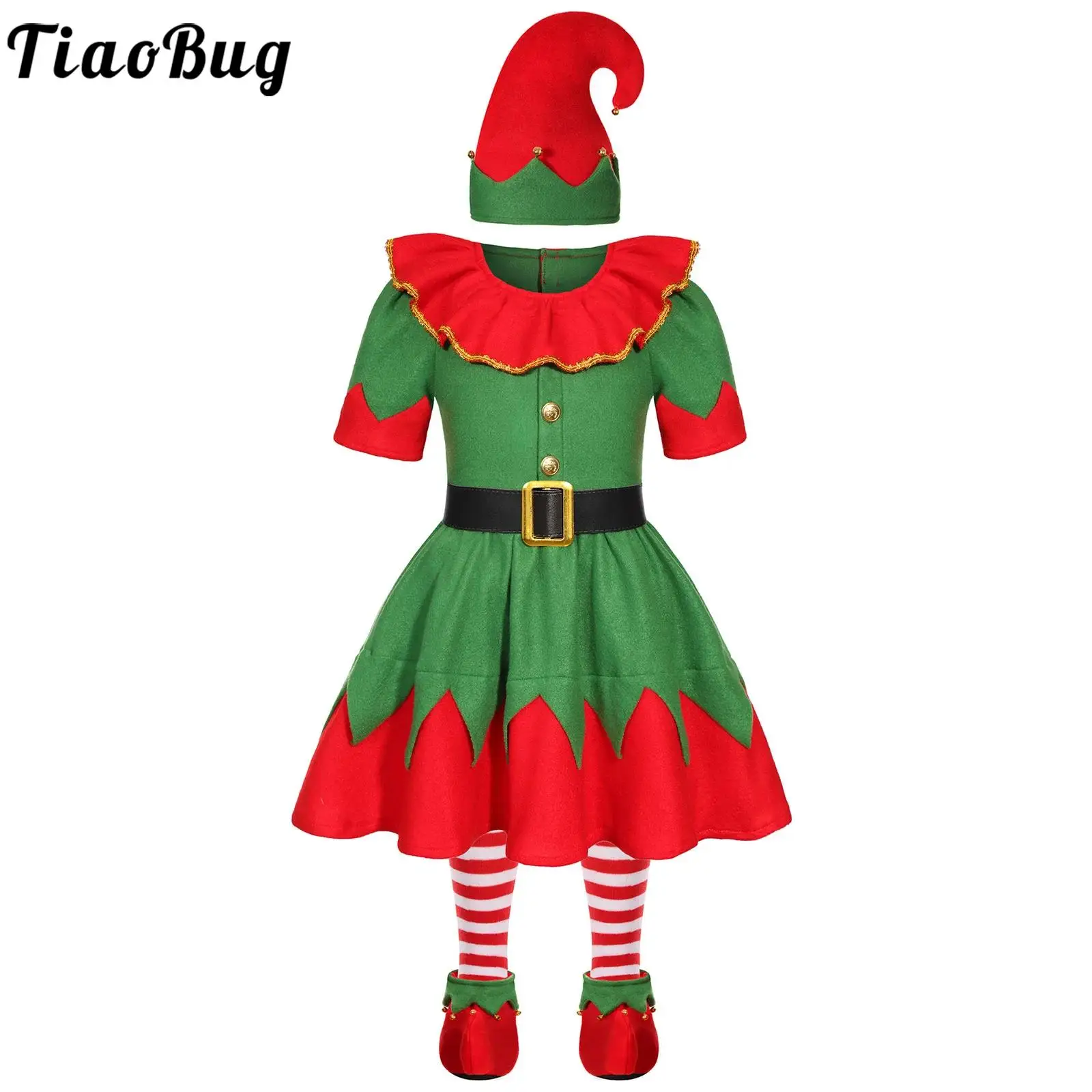 

Girls Christmas Elf Costume Xmas Santa Claus Outfit Set Party Wear Short Sleeve Zipper Ruffled Dress Stripe Socks and Shoes Set