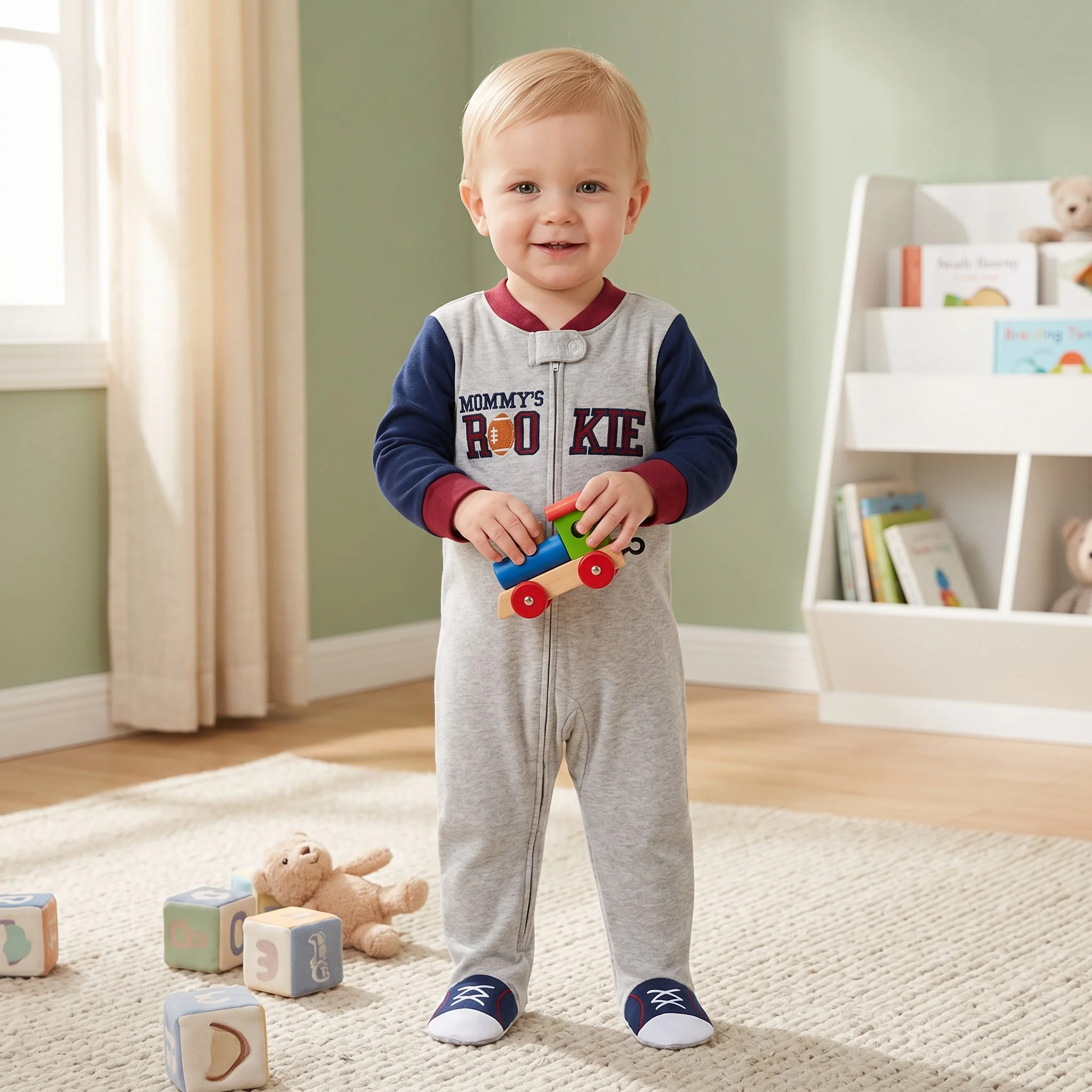 Grey Soft Cotton Baby Footed Romper Letter&Rugby Embroidery Zipper Onesie Casual Loungewear for 3-18M Newborn Boys All Seasons