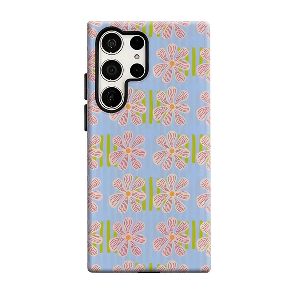 Pink Daisy Blue Stripe Phone Case For Samsung Galaxy S25 S26 Ultra S24 S23 Plus Shockproof Double Layer Tough Back Cover