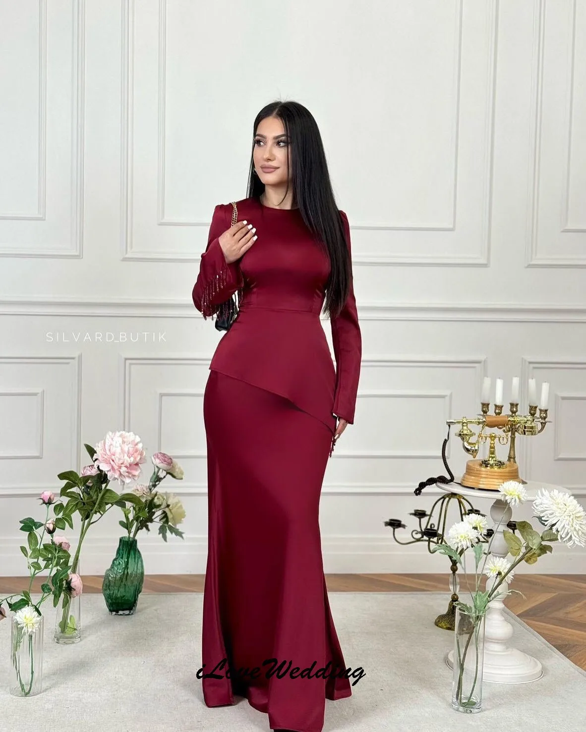 رقبة دائرية وأكمام طويلة فساتين لحضور الحفلات الموسيقية 2025 فساتين سهرة حمراء فستان حفلات الزفاف للنساء ضيف حورية البحر فساتين رسمية مخصصة