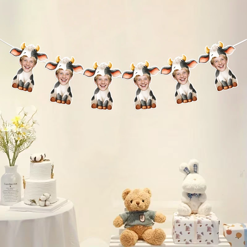 6/12 Stück Personalisiertes Kuh-Gesicht Banner Individuelles Foto-Girlande Bauernhof-Tier Porträt-Wimpelkette Geburtstags-Party Wanddekoration Zubehör