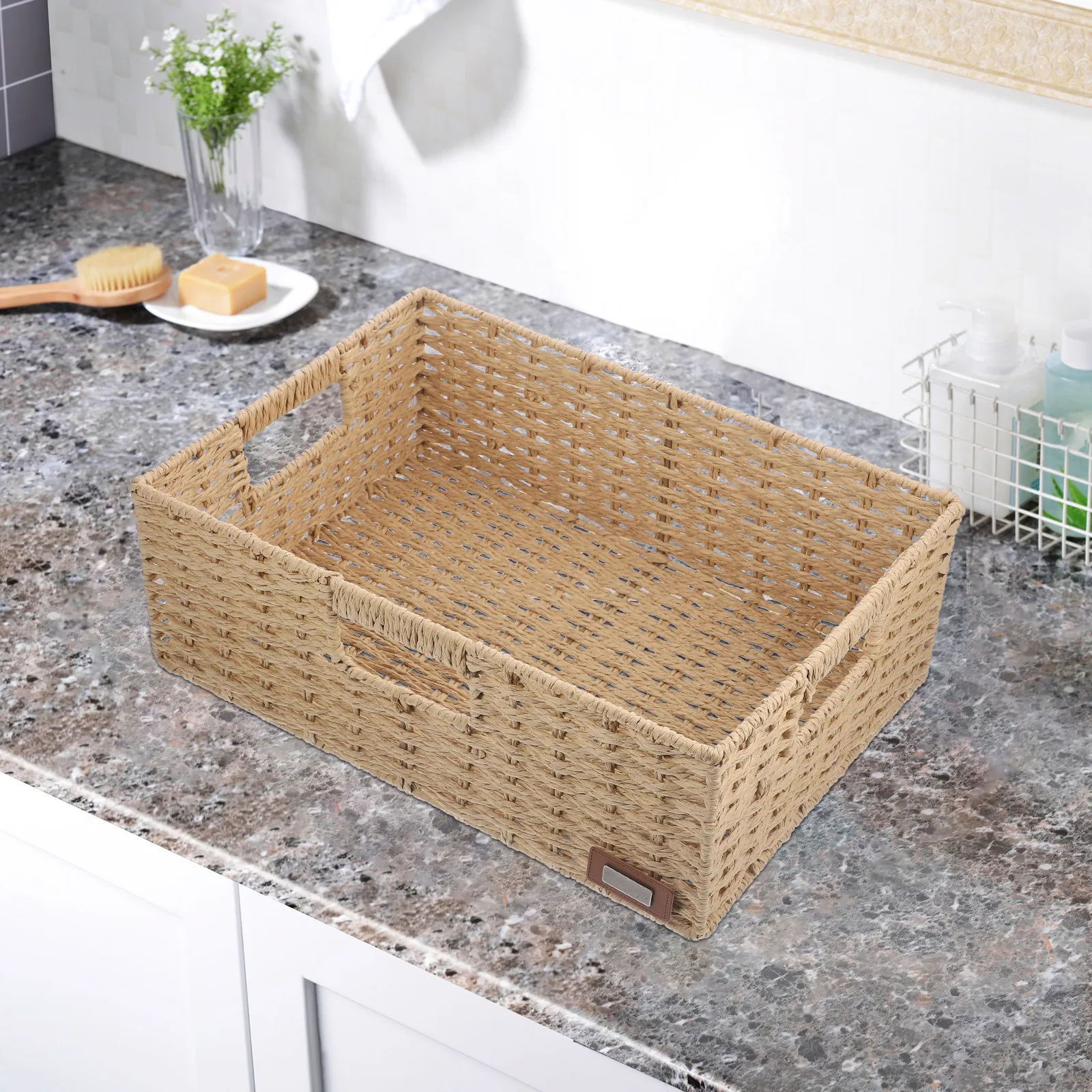 Woven Storage Basket Decorative Hollow Handles Desktop Organizer Multi-Function Small Basket for Vegetables Snacks Candies Fruit