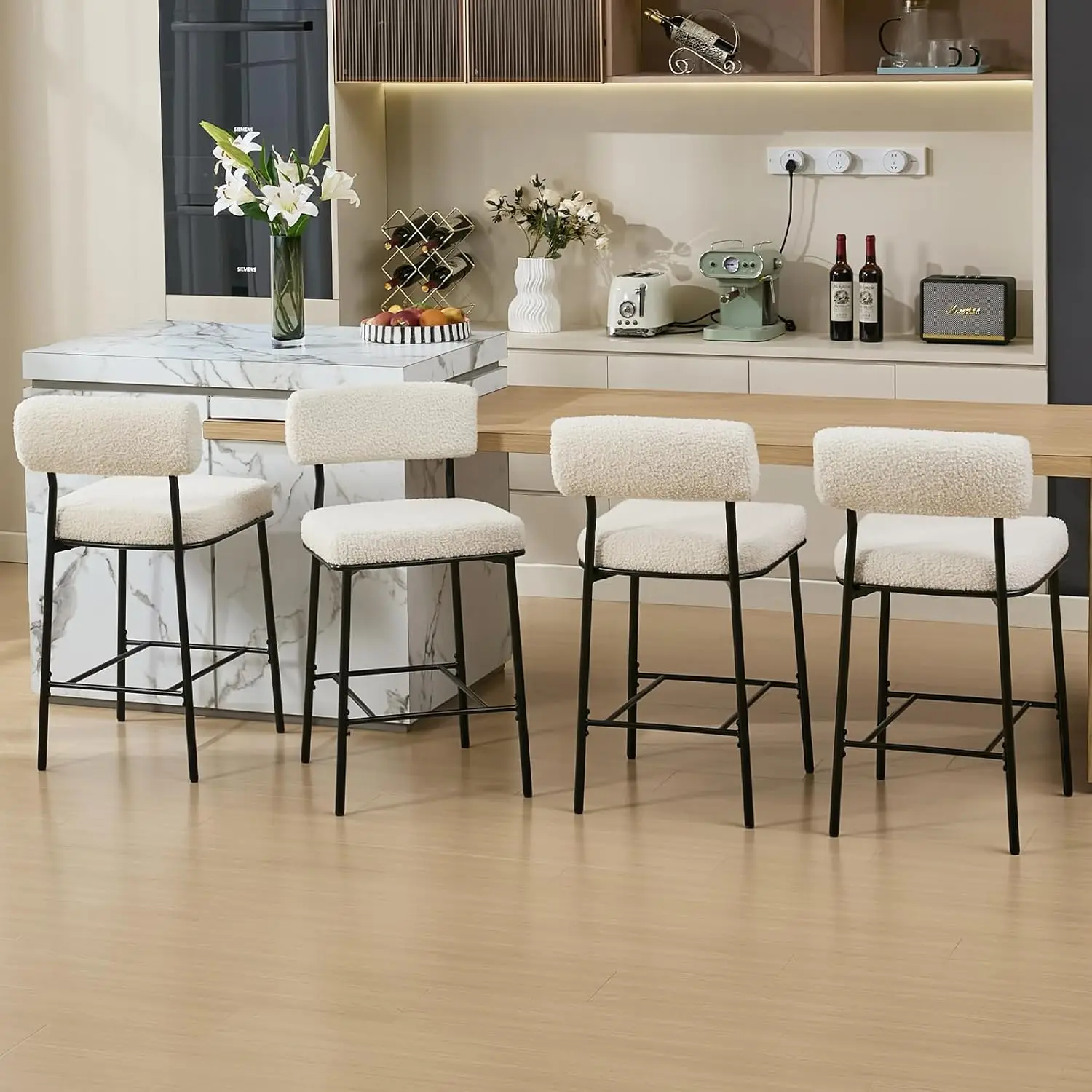 

26" Counter Height Bar Stools Set Of 4, Upholstered Barstools With Backs, White Boucle Fabric, Metal Bar Height, Customized