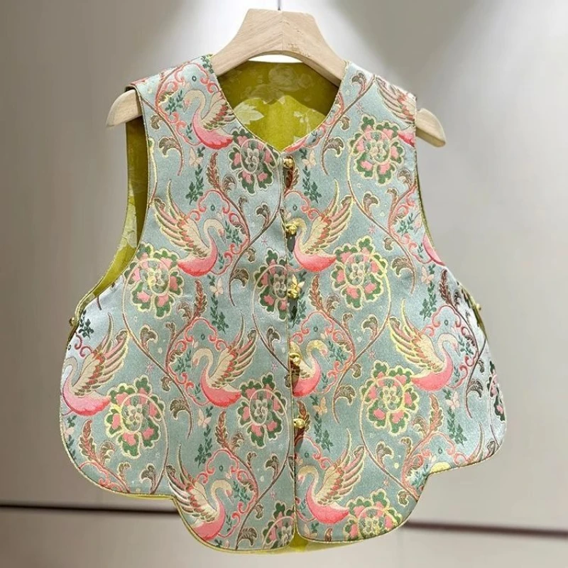 2025 Spring Summer Women Embroidery Sleeveless Jacquard Birds Floral Vest Coat , Irregular Dobby Flower Vests Coats for Woman