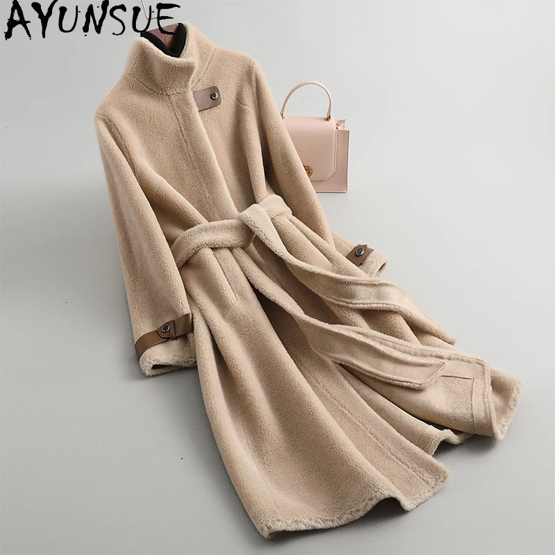 معاطف صوف طبيعي 100% من AYUNSUE للنساء ملابس متوسطة الطول سترة أنيقة شتوية جديدة في ملابس خارجية موضة 2025 Abrigo Mujer