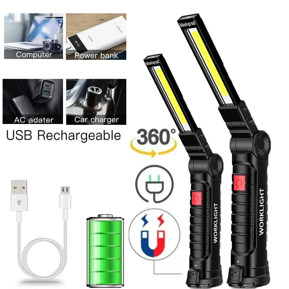 New Portable COB LED Flashlight USB Rechargeable Work Light Magnetic Lanterna Hanging Lamp with Built-in Battery Camping Torch