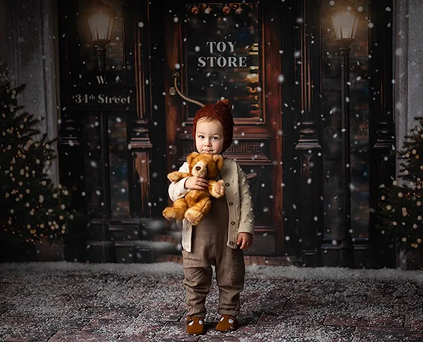 Merry Christmas Photography Background Winter Snow Christmas Tree Toy Store Street for Children Portrait Backdrop Photo Studio