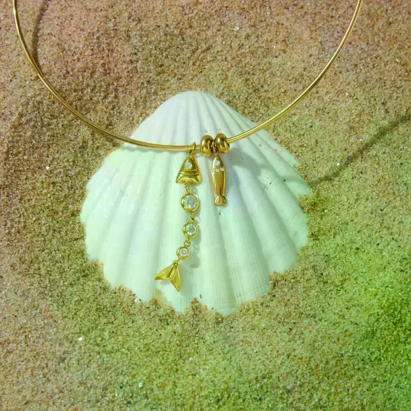 Zircon Fish Pendant Torques Necklace For Women Gold PVD Plated Stainless Steel Necklace Simple Fashion Jewelry Gift