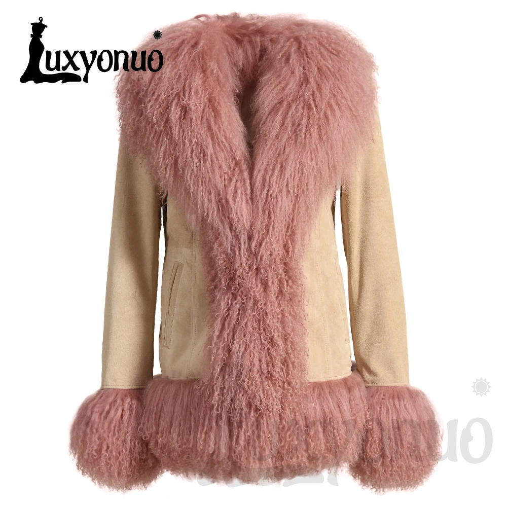 Luxyonuo chaqueta de cuero de ante auténtico para invierno 2024 nuevo abrigo de cuero genuino para mujer con piel de oveja mongol moda Otoño de lujo