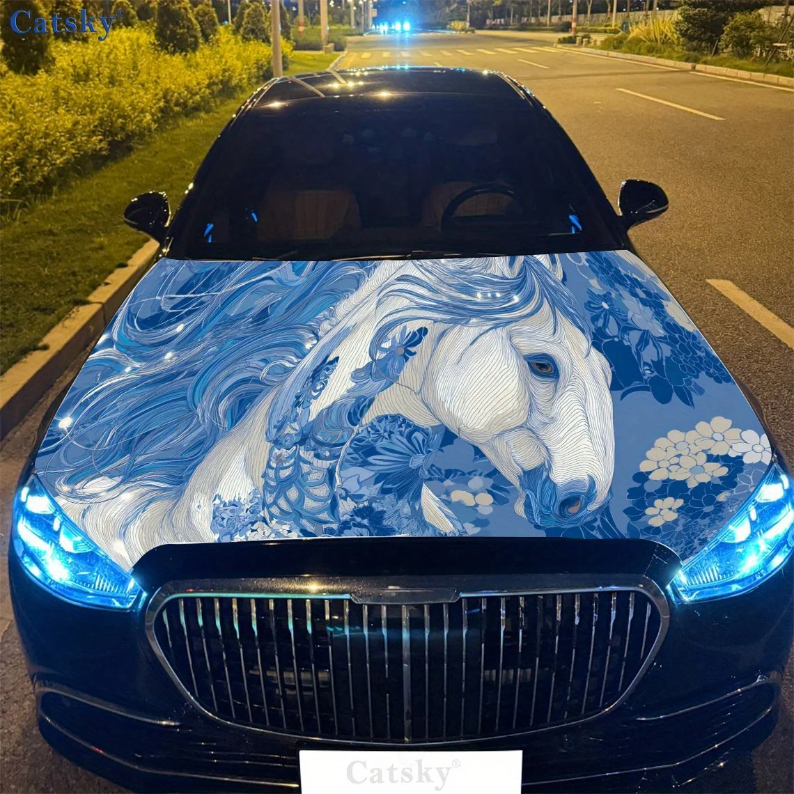 

Magical Blue and White Horse Pattern Car Hood Vinyl Wraps Sticker, Auto Decal, Waterproof Self-adhesive Vehicle Decal, Anti-scra