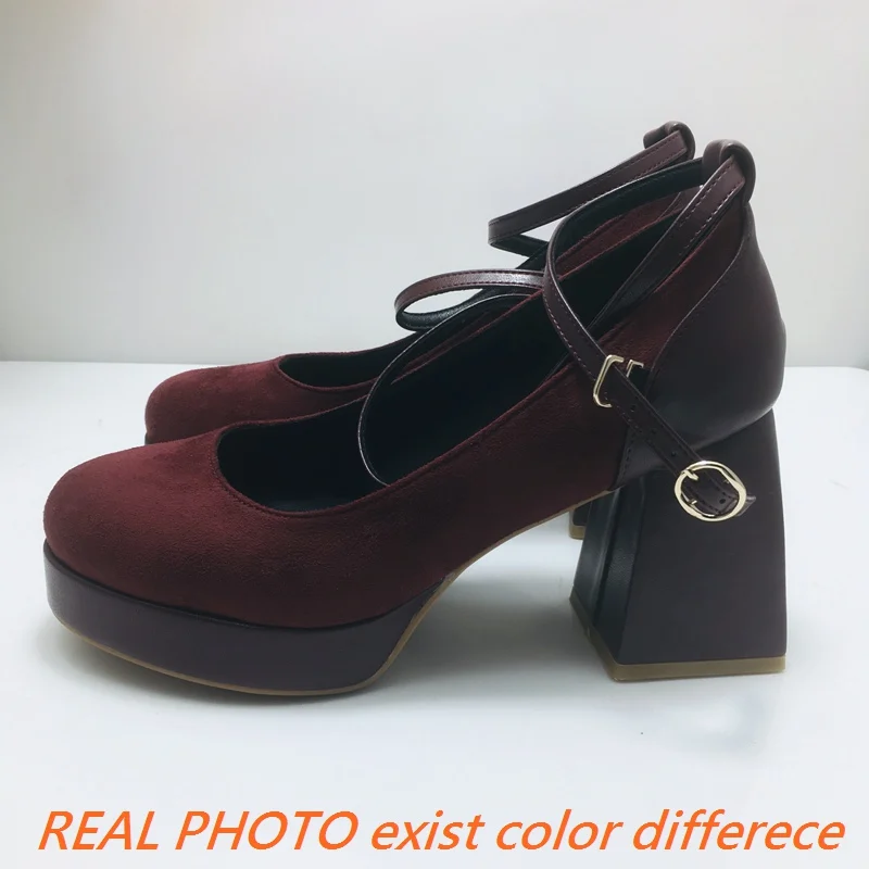 REAVE CAT Fashion Women Pumps 32 33 Round Toe Block Heels 9cm Flock Suede Ankle Buckle Strap Size 44 45 Party Shoes