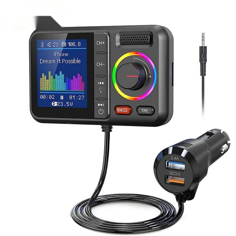 

BT98L Bluetooth 5.0 FM Transmitter Car MP3 Player Adapter Wireless Handsfree Car Kit with Big Screen U Disk TF Card Playback