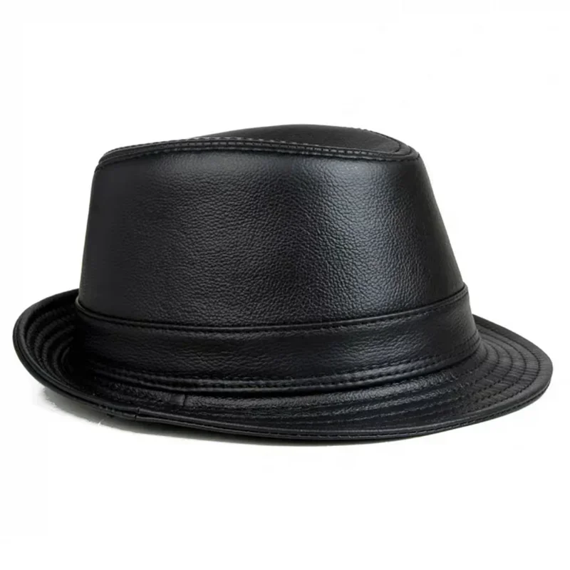 New 2023 Man High Quality Genuine Leather Jazz Fedora Gentleman CowSkin Short Brim Black/Brown Fitted Top Hat Male Shows