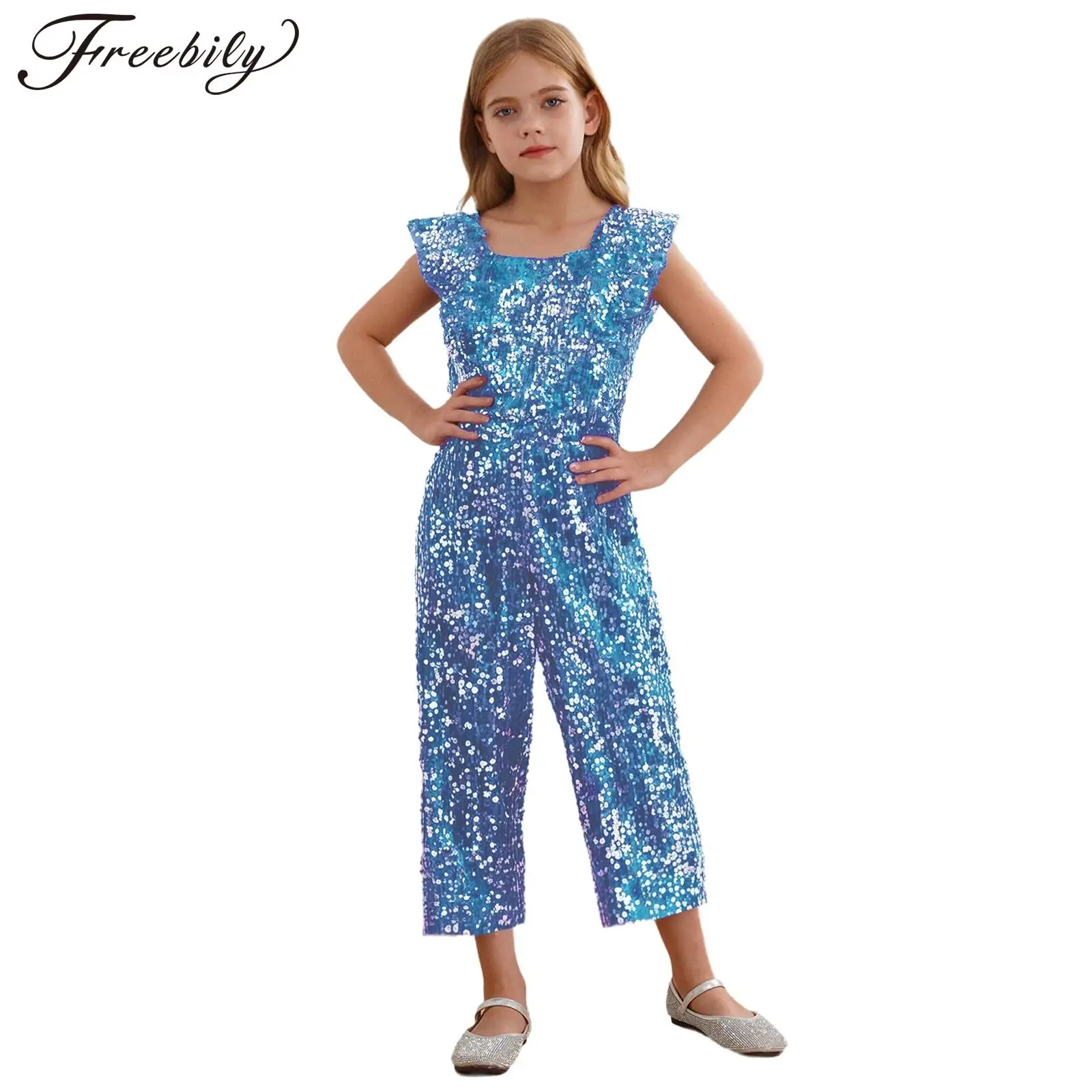 

Kids Jazz Dance Costumes Sparkly Sequins Fashion Girls Jumpsuit Summer Square Collar Sleeveless Jumpsuit for Party Prom Outfits