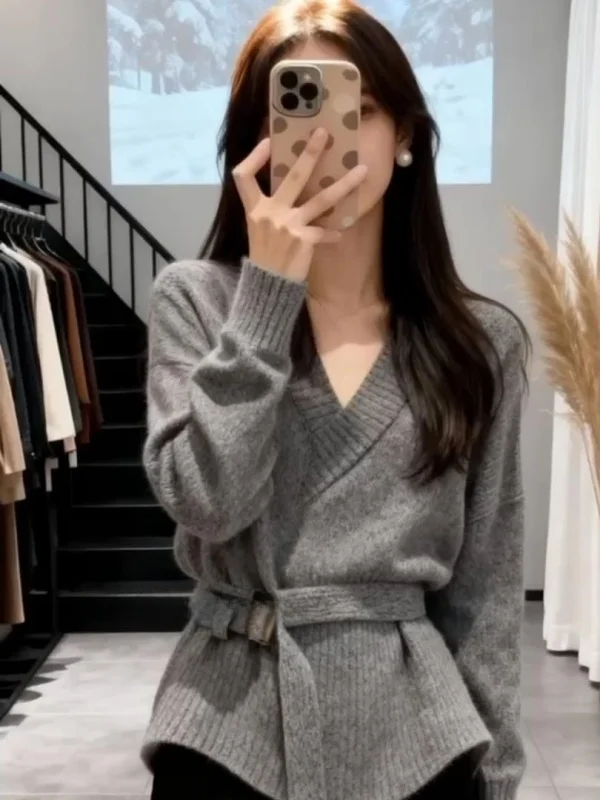 

Ele V-ne Crossed Knitted Sweater Women's Winter Slimming Waist Belted Straight Cut Soft Korean Sle Long Sve Top