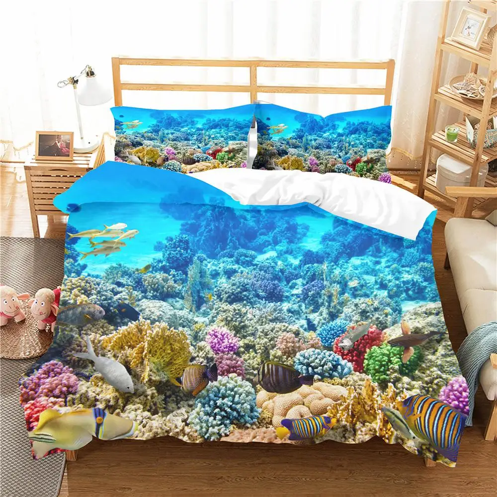 Ocean Fish Bedding Set - Polyester, Marine Theme with Underwater Sea Life, Twin to King Sizes