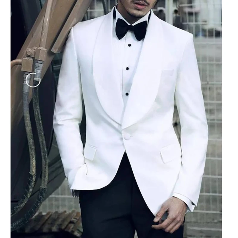 White Shawl Lapel Blazer One Button Slim Fit Black Pants 2 Piece Jacket Trousers Luxury Wedding Groom Full Sets Costume Homme