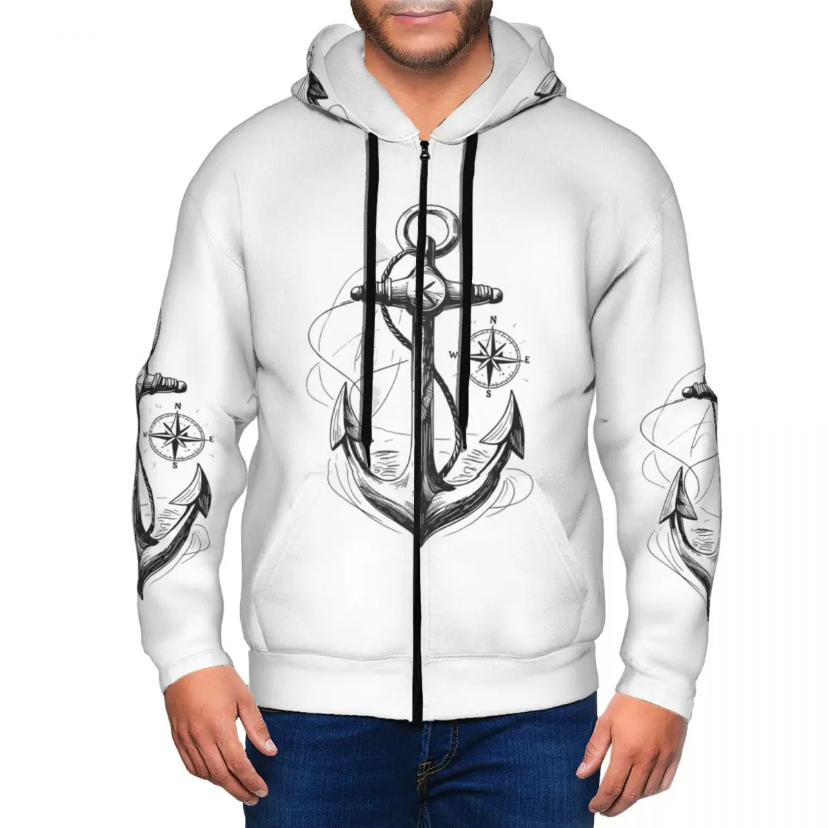 Anchor And Compass Maritime Zipper Hoodie Harajuku Pullover Autumn Winter Men's Women's Sweatshirts Long Sleeve Tops
