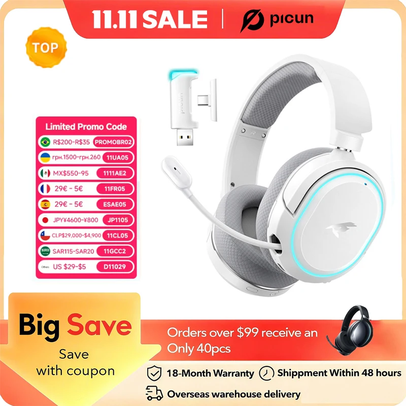 

Picun G2 2.4GHz Bluetooth Wireless Gaming Headset For PC PS4 PS5 Phone Switch 5ms Low Latency 7.1 Surround Wired Headset ENC Mic