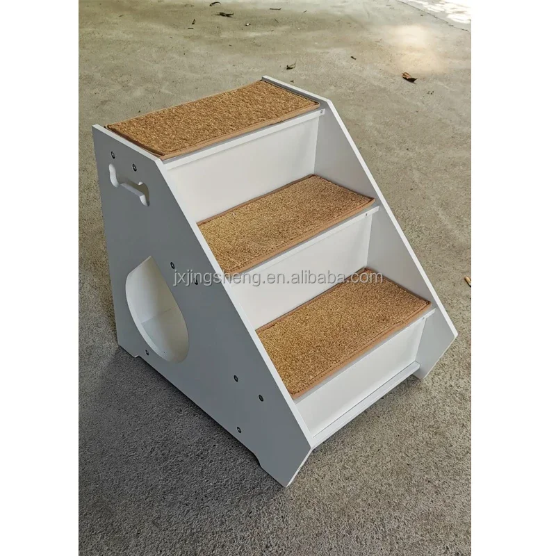 Pet House Indoor Cats Step Stairs Ramp with Scratching Mat Flat Packed Wooden Cats 3-Step Climbing Stairs Dogs Houses