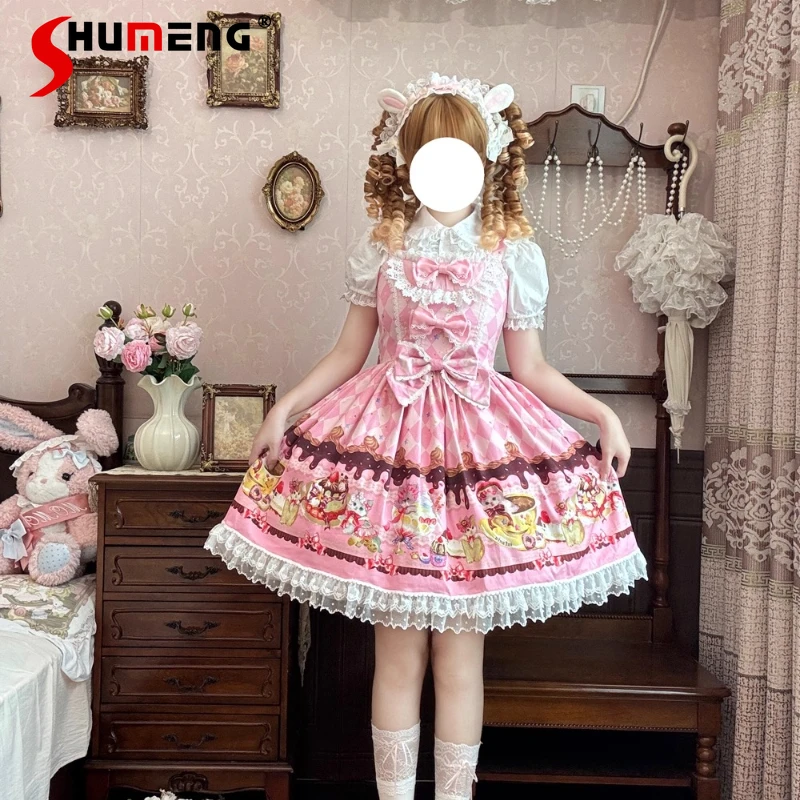 

Original Pink Lolita Sleeveless Dress Japanese Soft Girls Sweet Cute Printed Bow Lace Birthday Party Cos Dress Princess Dresses