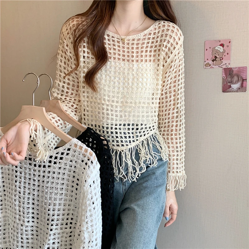 Boring Honey Retro Tassels Fashion Women Blouses Long Sleeves O-Neck Camis Tops Hollow Out Solid Colors Women's T-Shirt