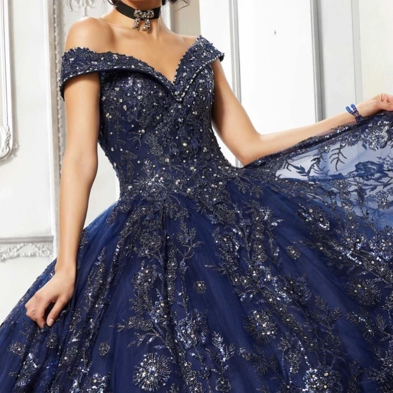 Robe de Princesse Quinceanera Brillante Bleu Marine, Tenue de Bal à 16 Perles Appliquées en Dentelle, 15e ix