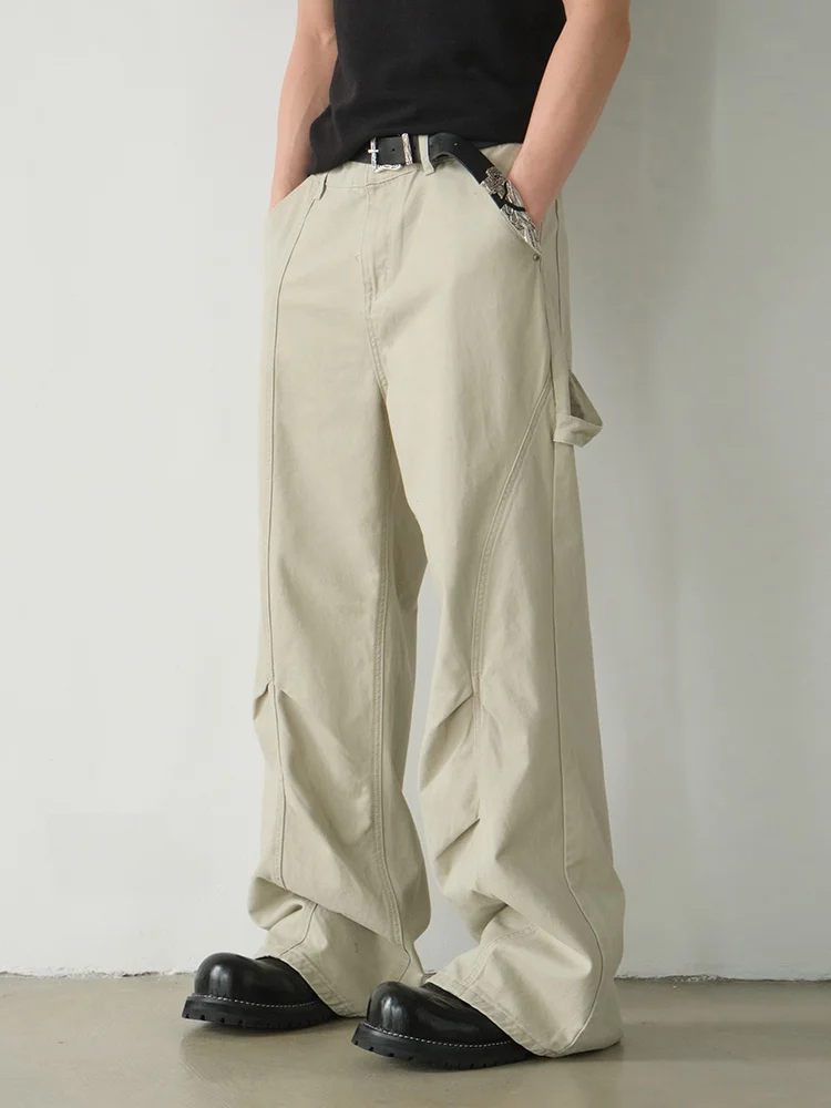 

American Retro Deconstructed Silhouette Loose Men's Casual Pants Workwear Loose Wrinkled Long Trousers Summer Straight Leg Co...