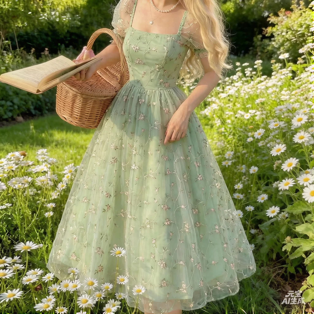 

Light Green Square Neck Tulle Dress with Floral Embroidery and Puff Sleeves for Garden Wedding Sleeveless Slit Prom Dresses