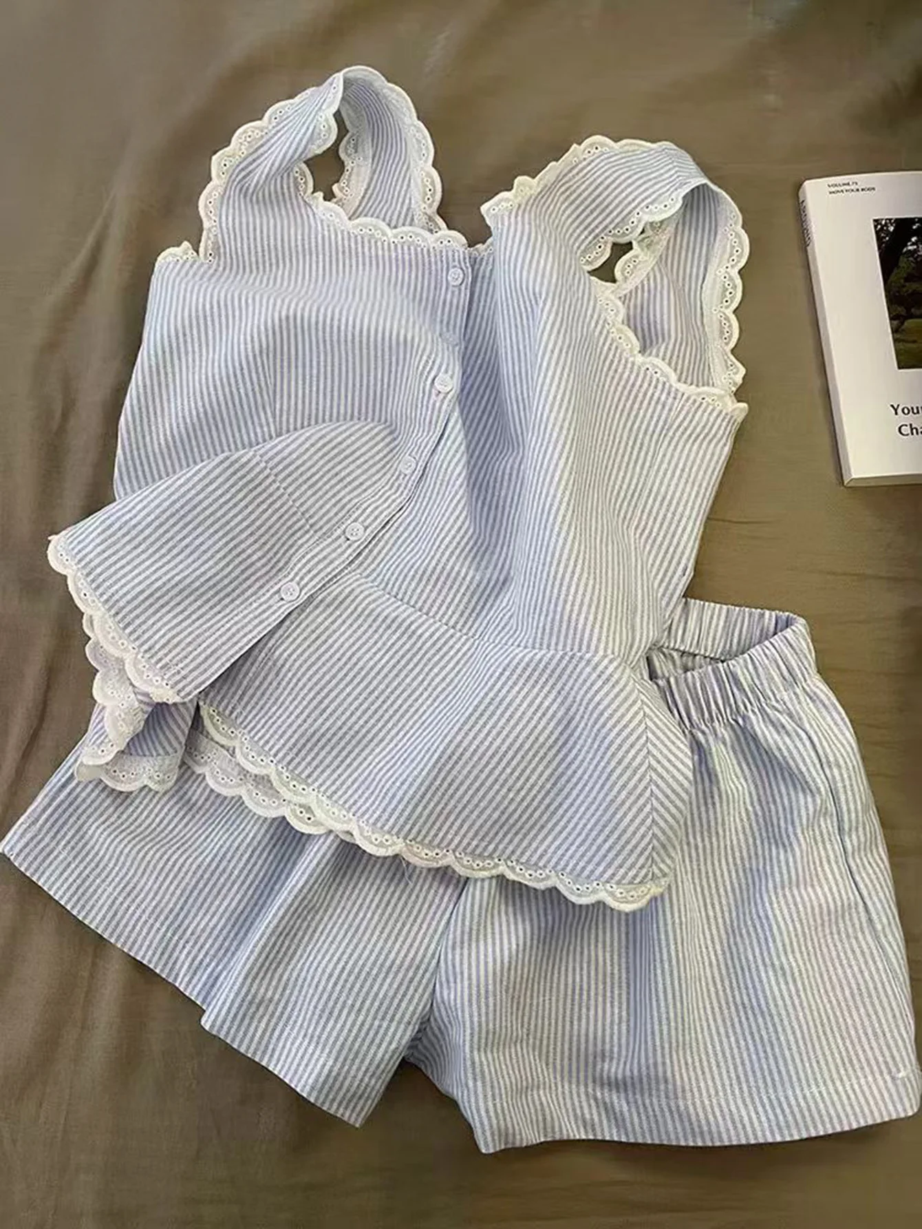 

Two Piece Set Women Outfit 2026 Spring Summer New Striped Square Collar Sleeveless Tank Top & Casual Daily Shorts Set