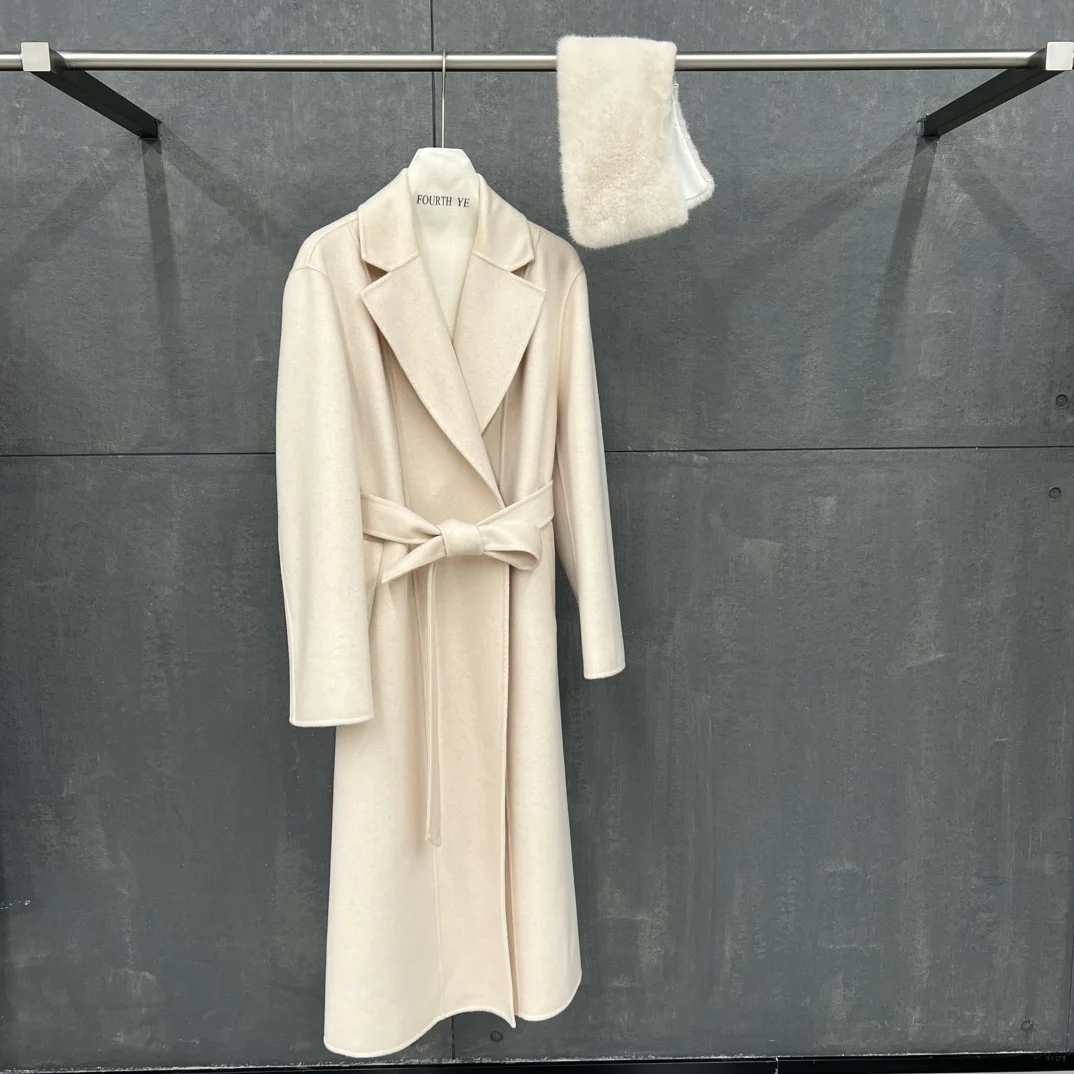 Langer Kaschmirmantel im minimalistischen Stil für Damen 2025, neuer eleganter und stimmungsvoller Taillen-Schlankheits-Nerzpelzkragen