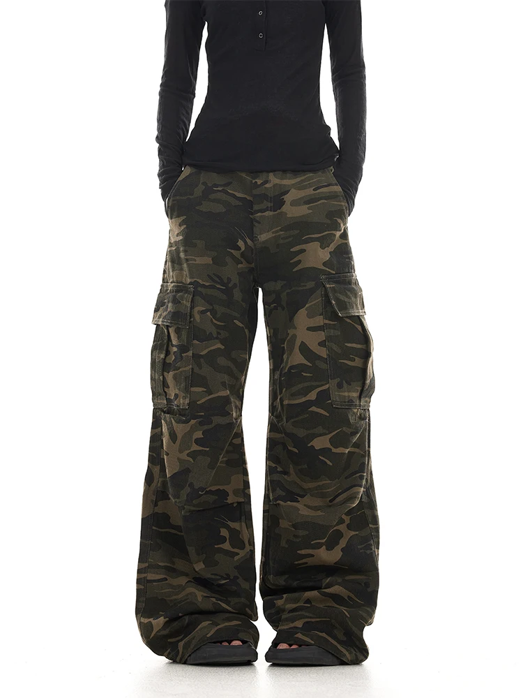 

Retro American Washed Camouflage Work Pants Loose Straight Leg Multi Pocket Wide Leg Casual Paratrooper Trousers Unisex