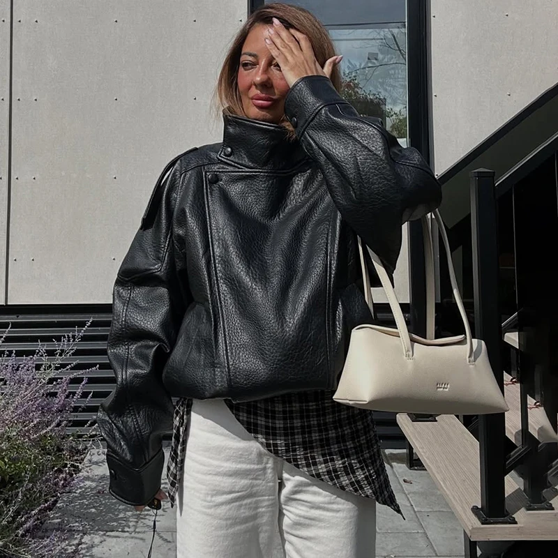 Tornova mode veste en simili cuir femmes col montant boutons fermeture éclair poche épissage automne hiver femme haute rue manteau