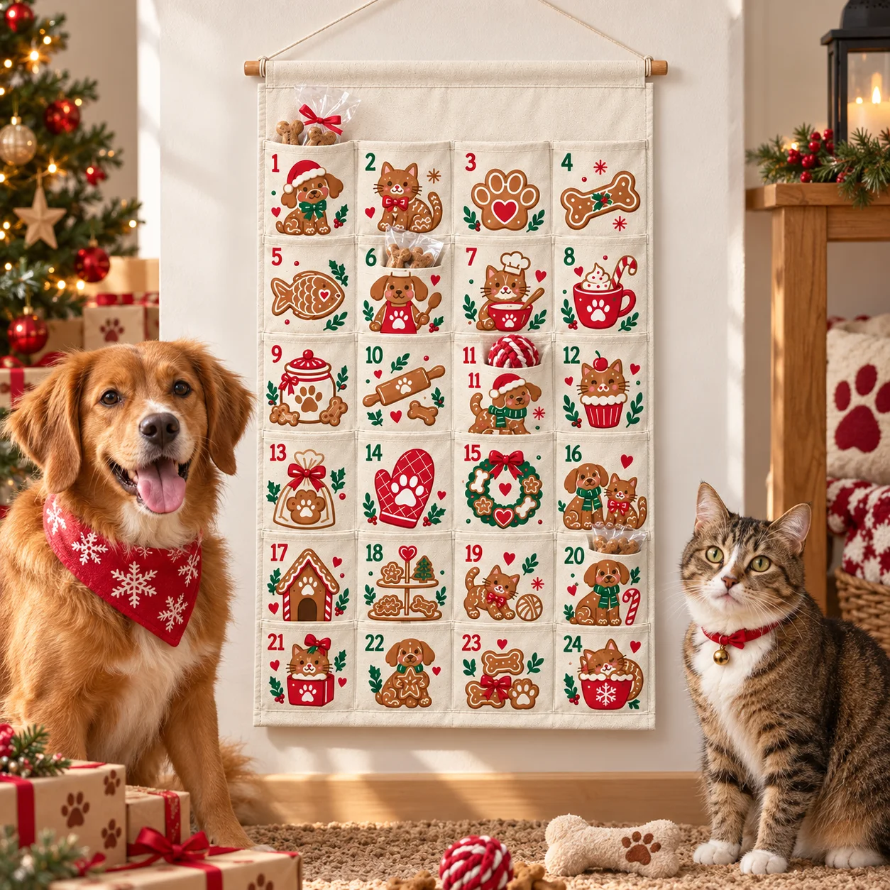 Personalized Pet Christmas Advent Calendar 24 Pocket Hanging Organizer For Dogs Cats Holiday Countdown Decoration Christmas Gift