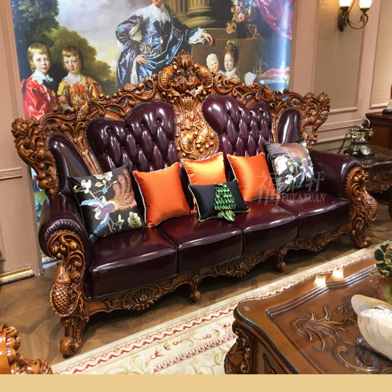 European-style leather sofa, small apartment, living room, solid wood carved carp villa furniture