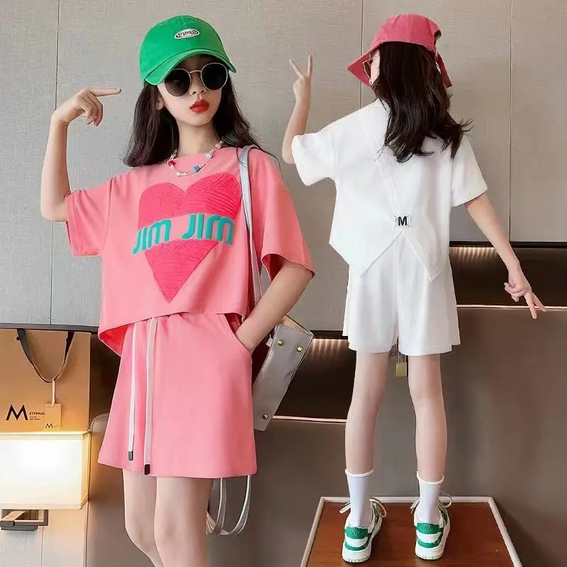 Girls Summer Leisure Cotton 2PCS Korean Style T-shirts+Pants Suits 5-13Years Kids Daily Streetwear Children Fashion Clothes Sets