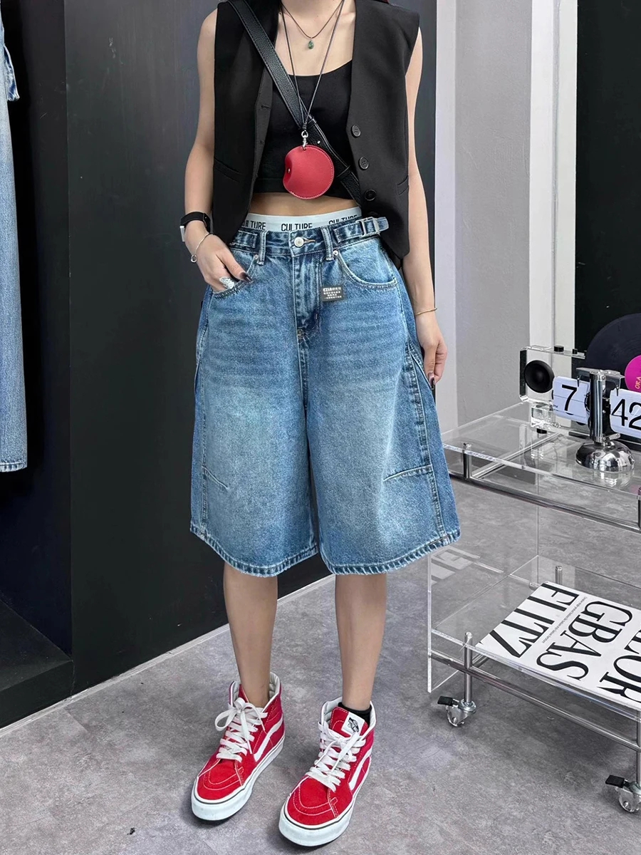 

High Waist A-Line Five-Point Denim Shorts Women's plus Size Summer Loose Wide Leg Jeans Straight Cut Slimming Casual Wear