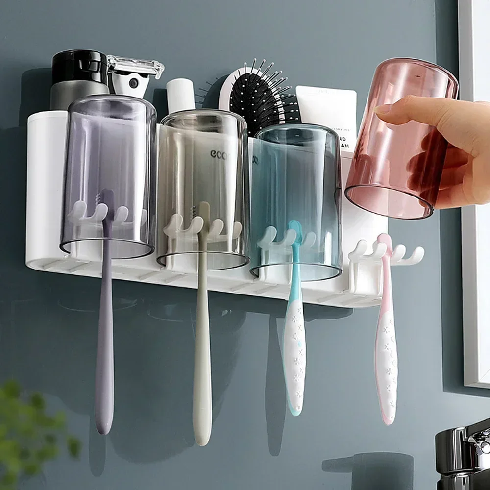 Bathroom Toothbrush Rack Mouthwash Cup Rack Hole Free Wall Mounted Toothbrush Mouthwash Cup Storage Box Household Articles