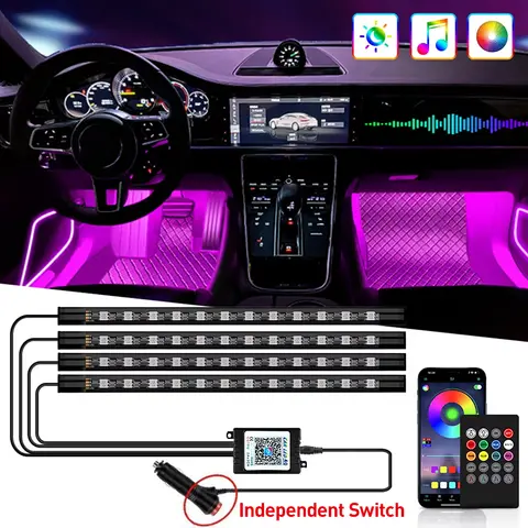 네온 72 LED 자동차 실내 무드등 무선 리모컨 음악 앱 제어 자동 RGB 분위기 장식 램프
