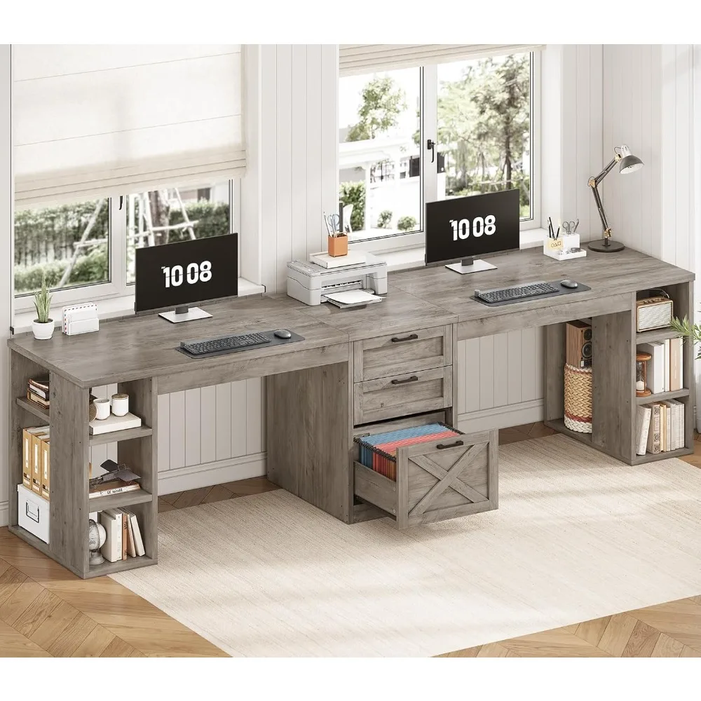 

Farmhouse 96.5" Computer Desk with Drawers, 2 Person Home Office Desk, Gaming Double Desk with Storage Shelves, Long Two Person