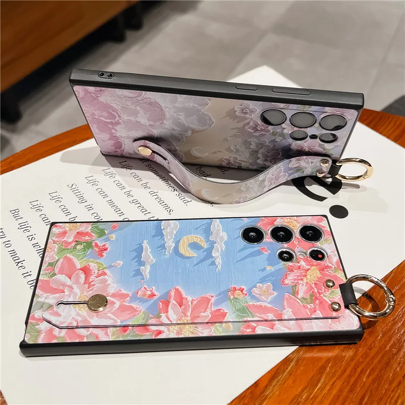 for Samsung S23 S22 Ultra S21 FE S20 Note 20 10 Lite A34 24 14 A54 23 13 33 A53 73 Case Pink Flower Phone Holder Silicone Cover