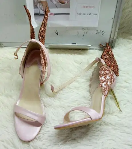 Pink Gorgeous Colorful Butterfly Stiletto High Heels Sandals Shoes Open Toe Sexy Fashion Pumps Shoes Angel Wings Leather Shoes