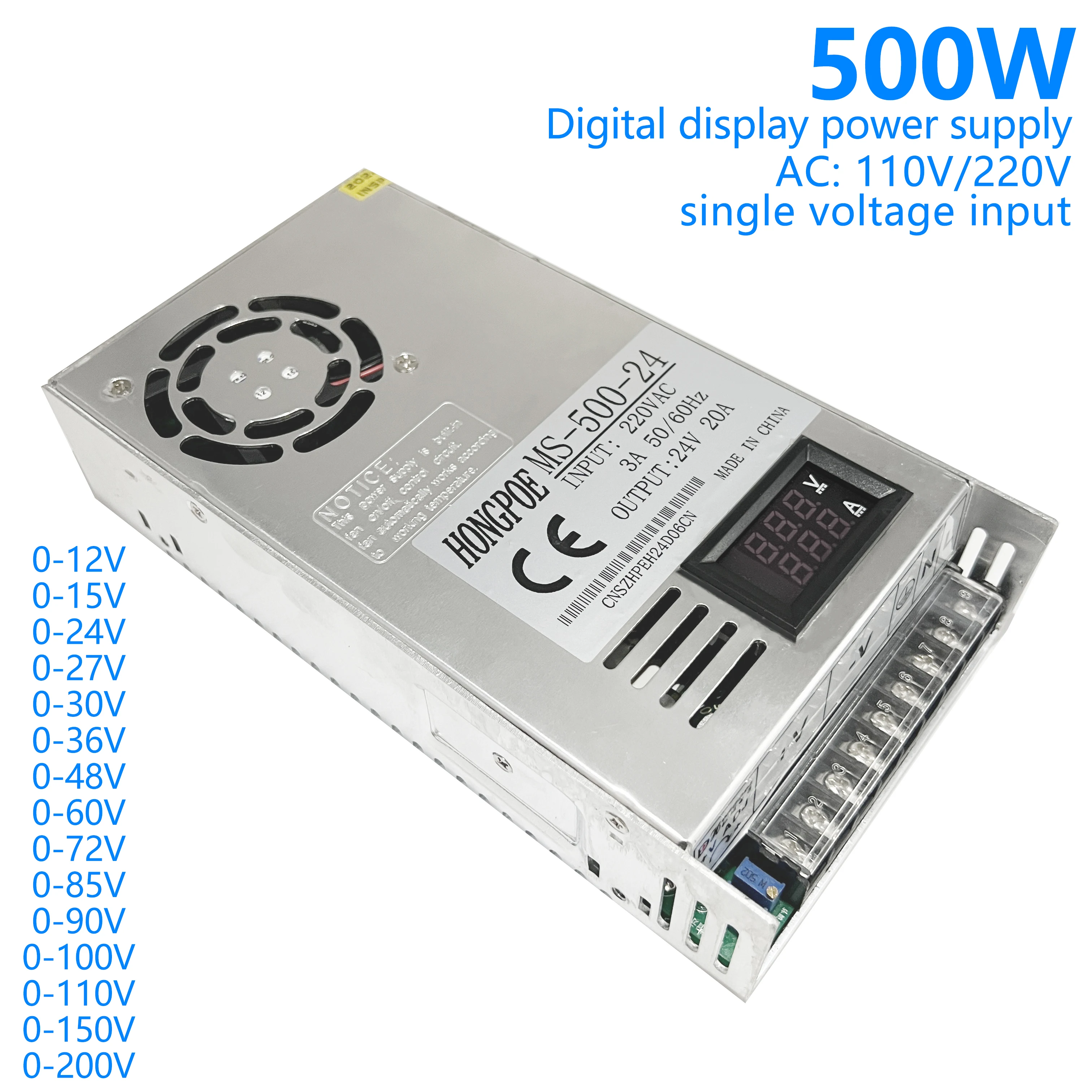 

500W Switching Power Supply Voltag Adjust 0-12V 15V 24V 36V 48V 60V 85V 110V 200V LED Digital Display Power Supply