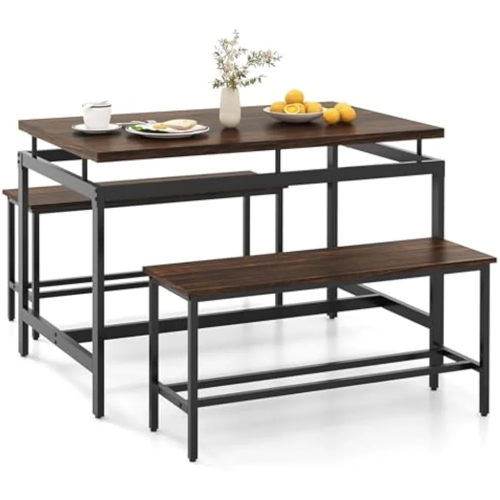 

Kitchen Table Chairs Set of 3 - Dining Table Set for 4 with 2 Benches, Metal Frame, Space-Saving Dinette Table Set for 4, Small