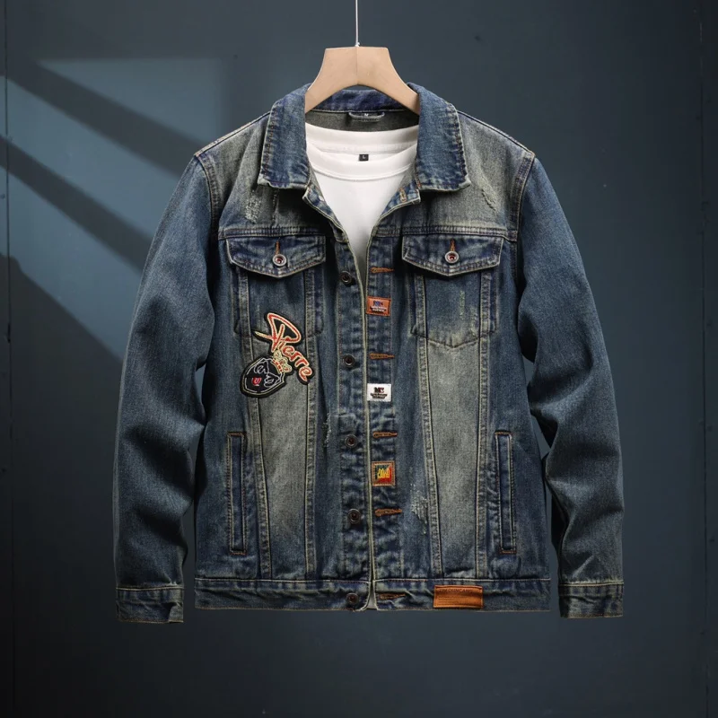 High-end heavy Embroidery American vintage blue men's denim jacket High Street shirt jacket 2024 case and winter loose tops